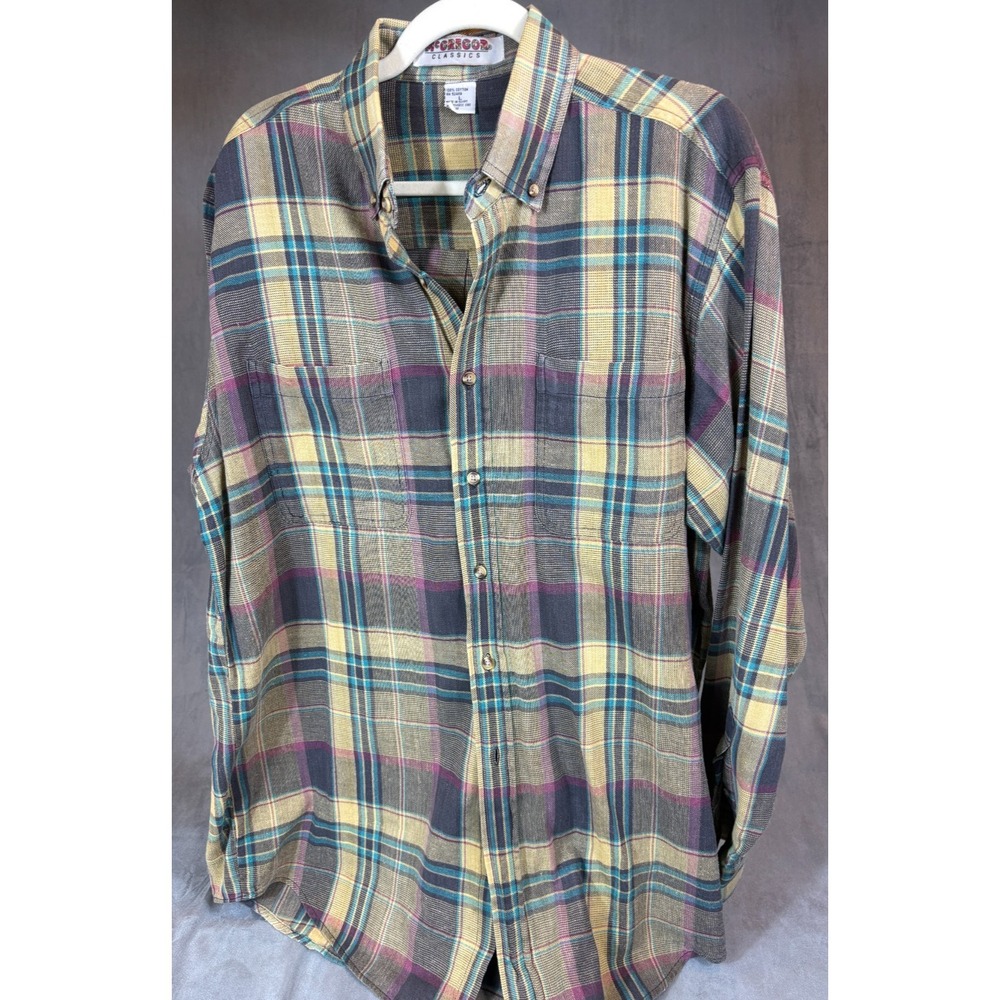 McGregor Vintage Shirt Mens L Blue Plaid Long Sleeve Button Down 100% Cotton
